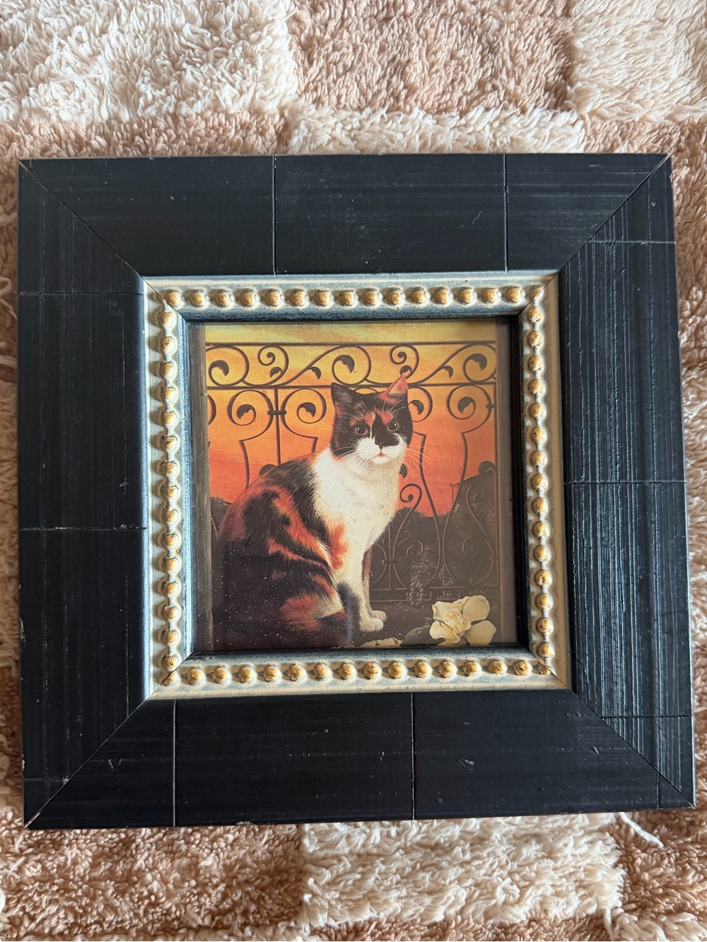 🐈 Vintage Windsor Decor of Canada Framed Artwork Spotted Cat Camellia Mardi Gras